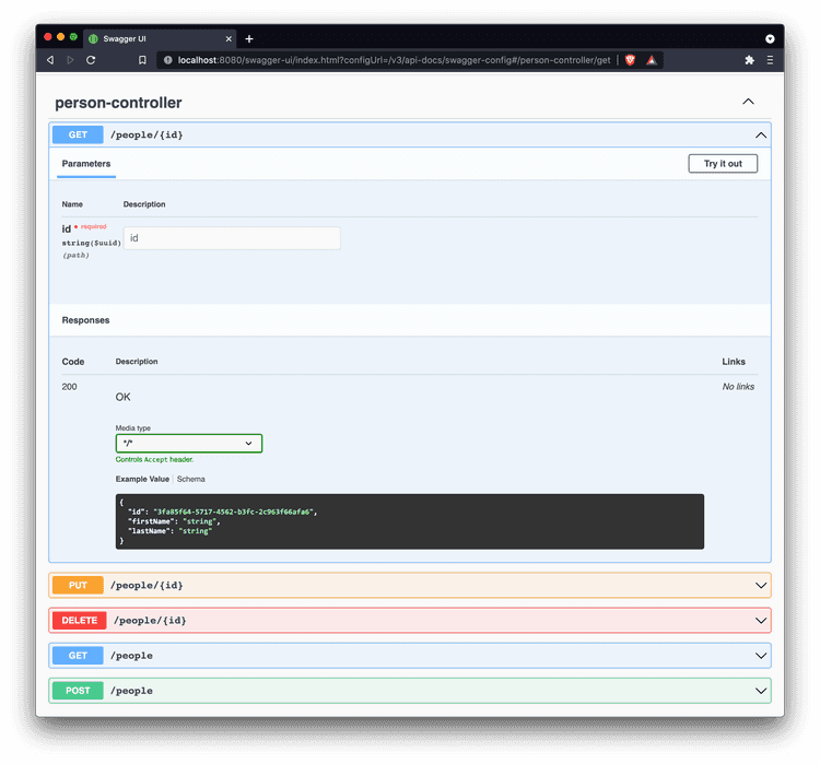 Swagger UI for the standard rest controller, expanding the get endpoint to show the input parameter field for person id and an example response