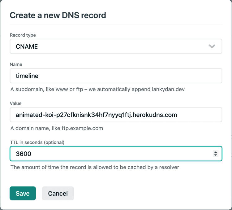 Adding a DNS record in Netlify. Choose record type: CNAME, name: <Your subdomain>, value: <Generated DNS target from Polywork>