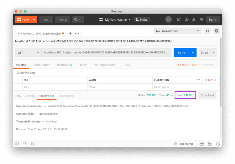 Downloading an attachment by hash via Postman