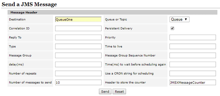 Sending a message via ActiveMQ admin console